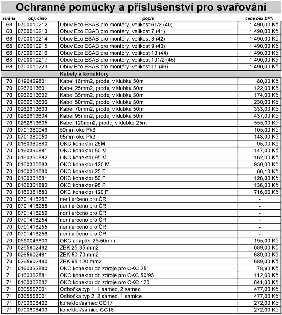 101/2 (45) 1 490,00 Kč 68 0700010223 Obuv Eco ESAB pro montéry, velikost 11 (46) 1 490,00 Kč Kabely a konektory 70 0190429801 Kabel 16mm2, prodej v klubku 50m 80,00 Kč 70 0262613601 Kabel 25mm2,