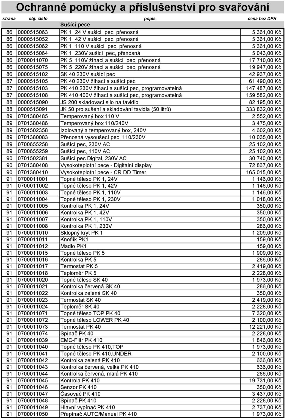 230V sušící pec 42 937,00 Kč 87 0000515105 PK 40 230V žíhací a sušící pec 61 490,00 Kč 87 0000515103 PK 410 230V žíhací a sušící pec, programovatelná 147 487,00 Kč 87 0000515108 PK 410 400V žíhací a