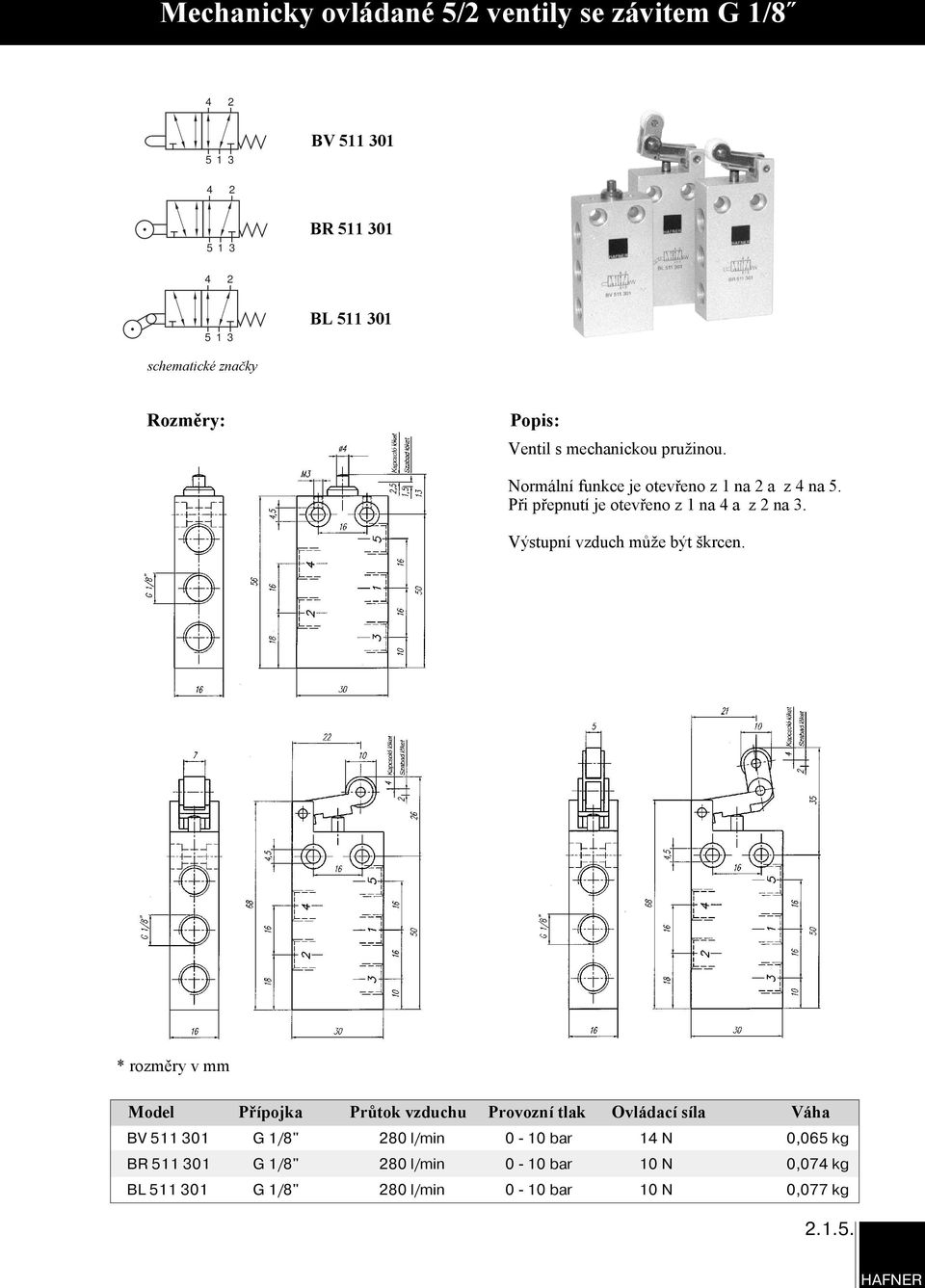 Model Přípojka Průtok vzduchu Provozní tlak Ovládací síla Váha BV 511 301 G 1/8" 80 l/min 0-10 bar 1 N 0,065