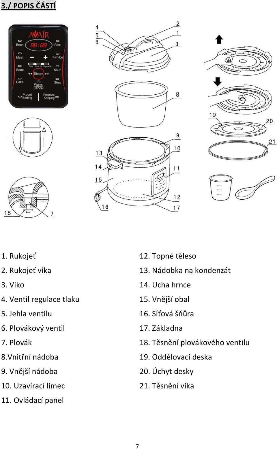 Ovládací panel 12. Topné těleso 13. Nádobka na kondenzát 14. Ucha hrnce 15. Vnější obal 16.