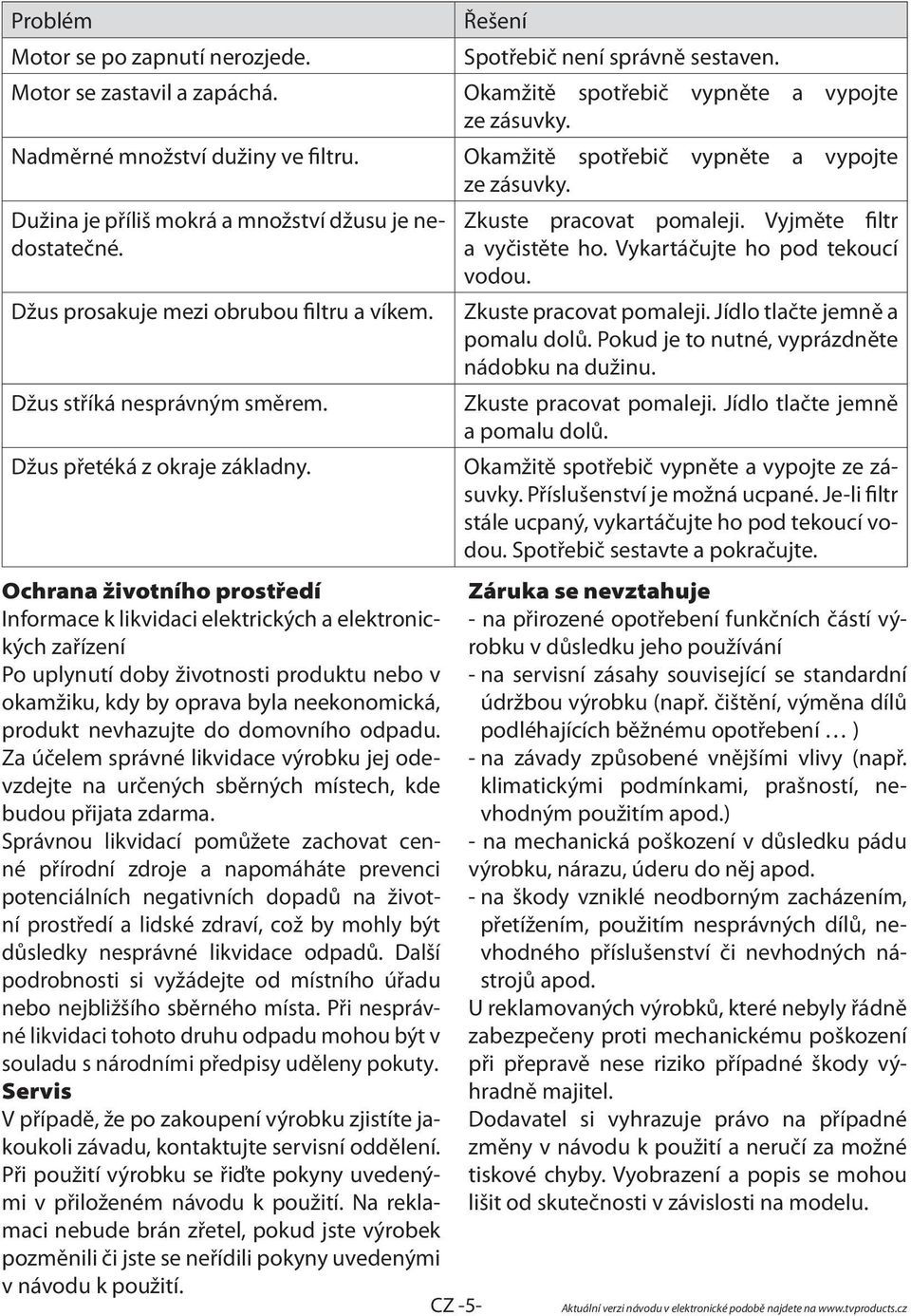 Ochrana životního prostředí Informace k likvidaci elektrických a elektronických zařízení Po uplynutí doby životnosti produktu nebo v okamžiku, kdy by oprava byla neekonomická, produkt nevhazujte do