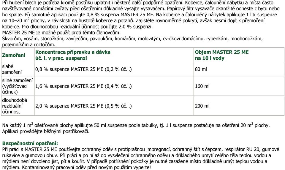 Na koberce a čalouněný nábytek aplikujte 1 litr suspenze na 10 20 m 2 plochy, v závislosti na hustotě koberce a potahů. Zajistěte rovnoměrné pokrytí, avšak nesmí dojít k přemočení koberce.