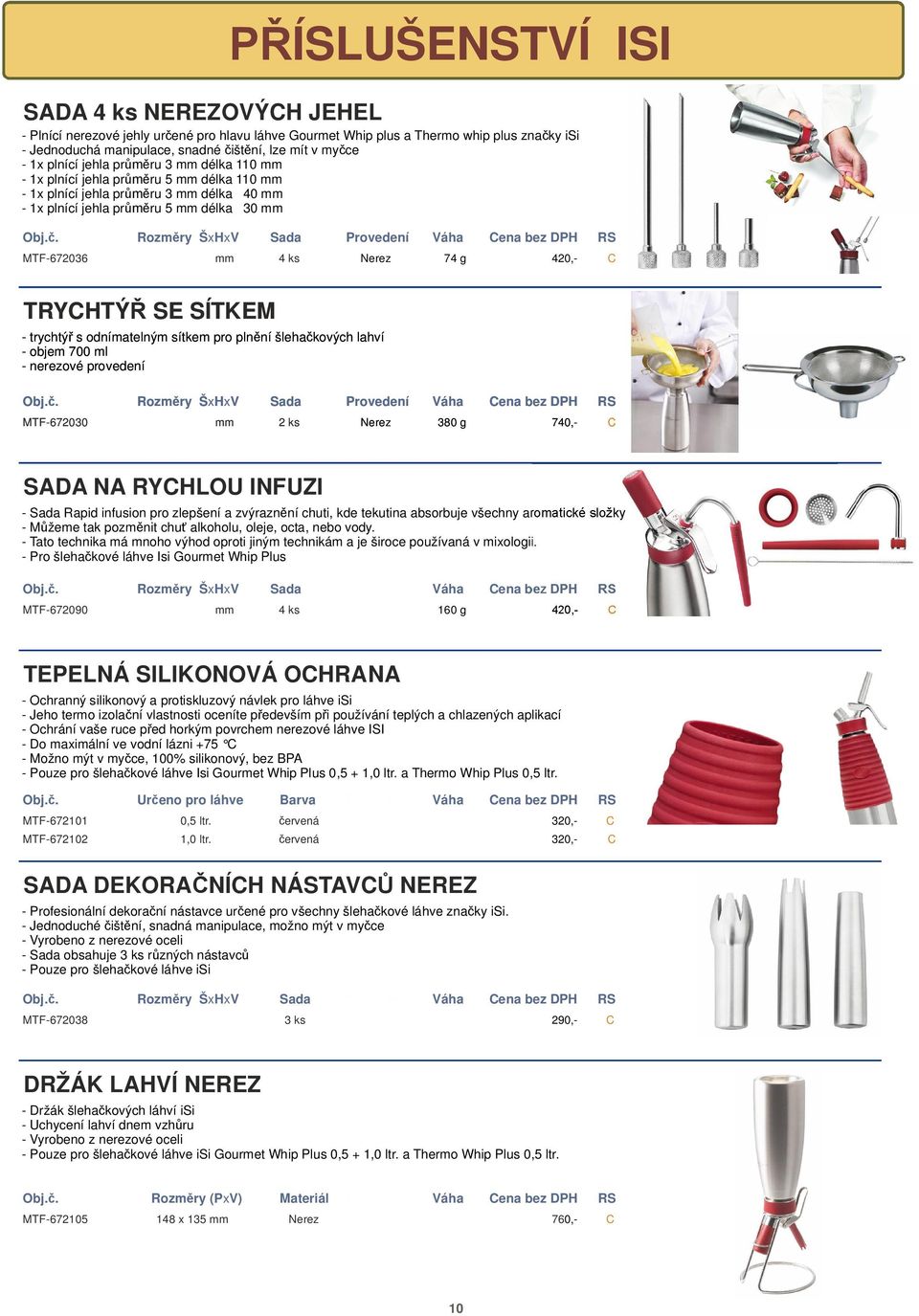 Rozměry ŠxHxV Sada Provedení Váha Cena bez DPH RS MTF-672036 mm 4 ks Nerez 74 g 420,- C TRYCHTÝŘ SE SÍTKEM - trychtýř s odnímatelným sítkem pro plnění šlehačkových lahví - objem 700 ml - nerezové