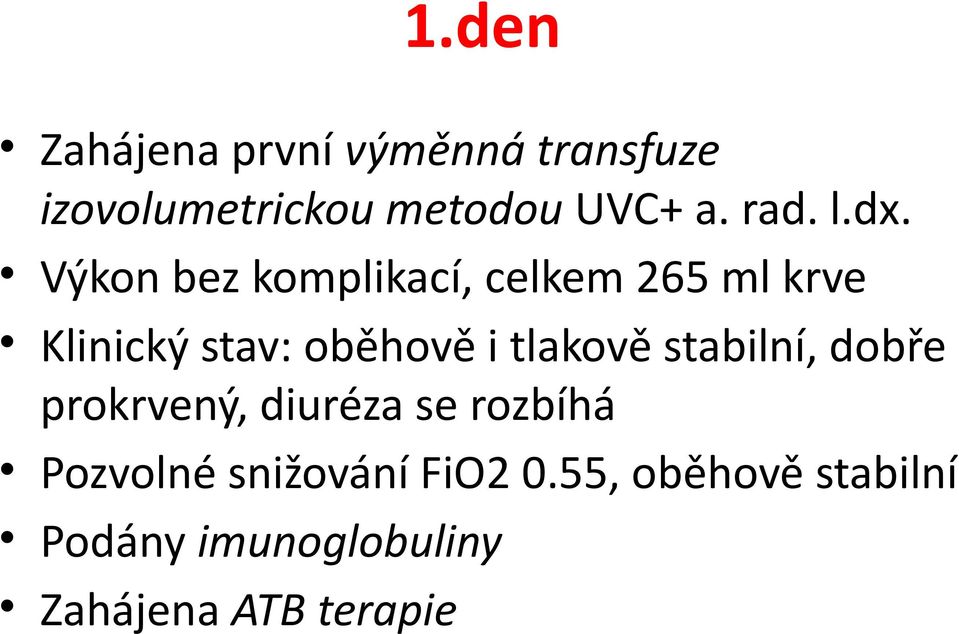 Výkon bez komplikací, celkem 265 ml krve Klinický stav: oběhově i