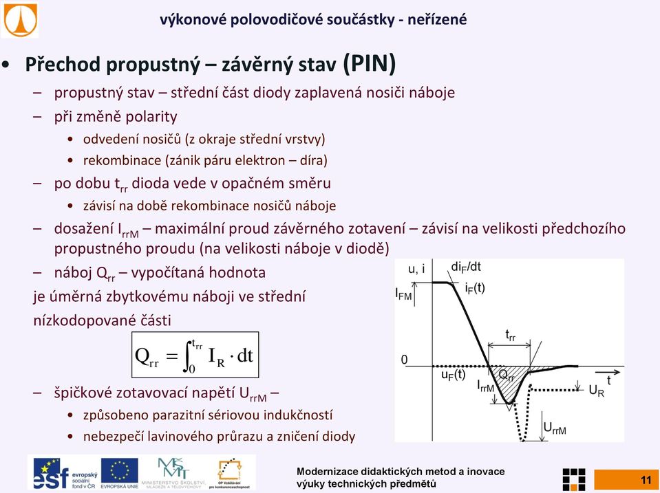 zotavení závisí na velikosti předchozího propustného proudu (na velikosti náboje v diodě) náboj Q rr vypočítaná hodnota je úměrná zbytkovému náboji ve střední