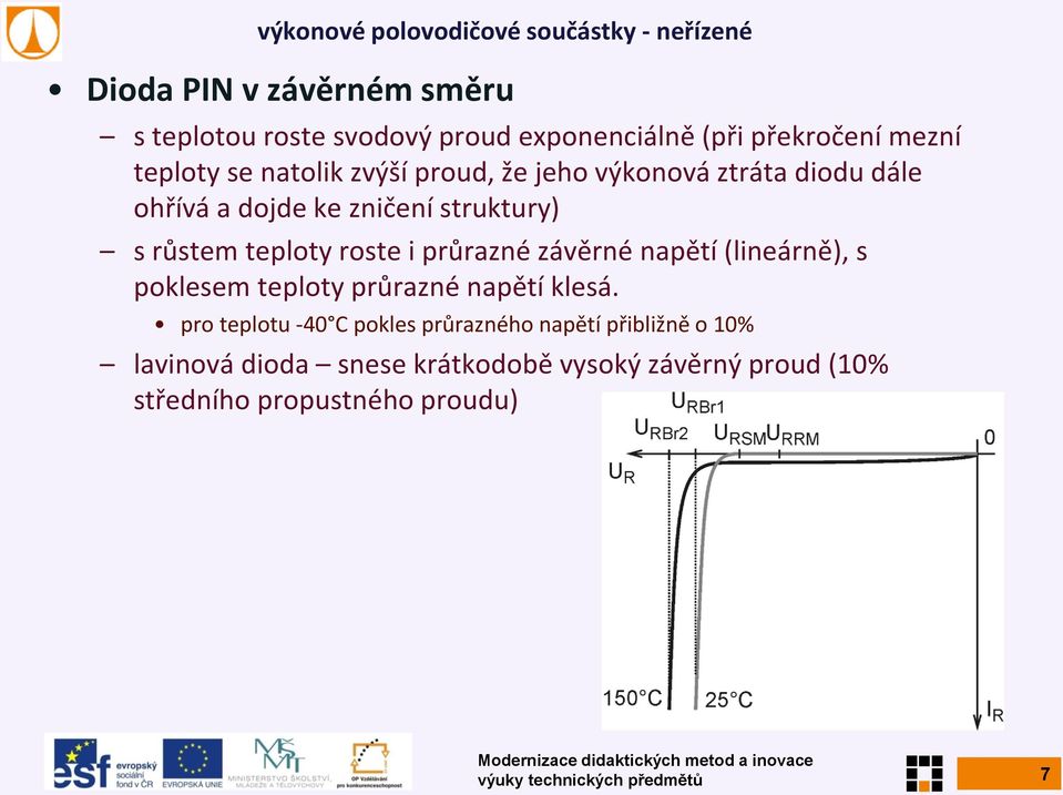 závěrné napětí (lineárně), s poklesem teploty průrazné napětí klesá.