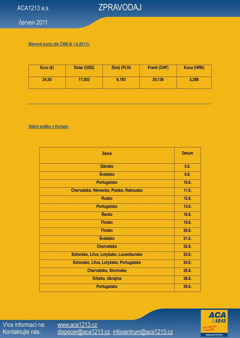 Datum Dánsko 5.6. Švédsko 6.6. Portugalsko 10.6. Chorvatsko, Německo, Polsko, Rakousko 11.6. Rusko 12.6. Portugalsko 13.6. Řecko 16.