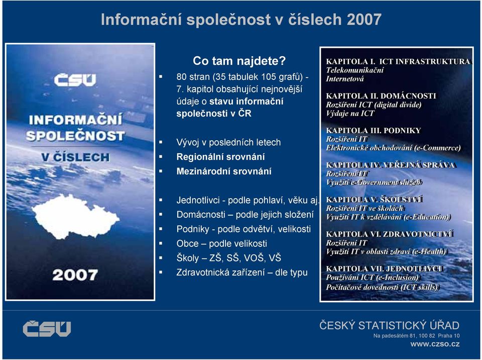 Domácnosti podle jejich složení Podniky - podle odvětví, velikosti Obce podle velikosti Školy ZŠ, SŠ, VOŠ, VŠ Zdravotnická zařízení dle typu KAPITOLA I.