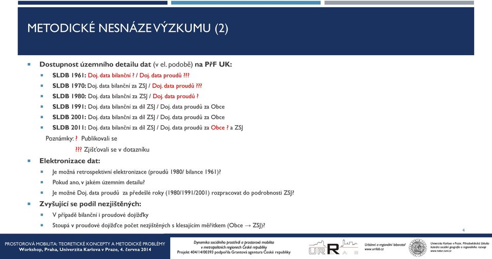 data bilanční za díl ZSJ / Doj. data proudů za Obce? a ZSJ Poznámky:? Publikovali se??? Zjišťovali se v dotazníku Elektronizace dat: Je možná retrospektivní elektronizace (proudů 1980/ bilance 1961)?