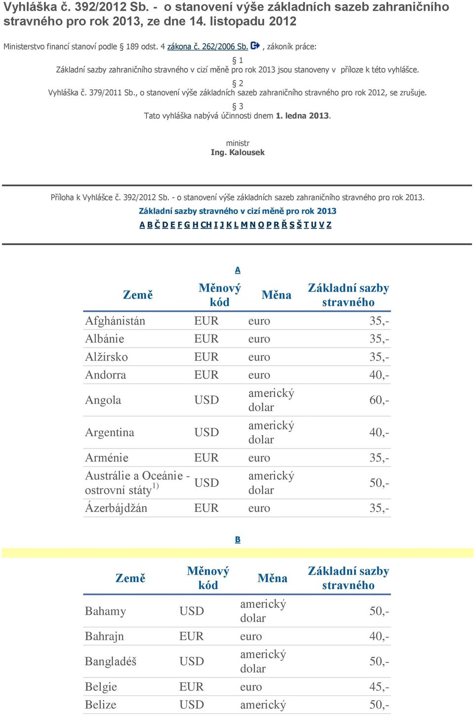 3 Tato vyhláška nabývá účinnosti dnem 1. ledna 2013. ministr Ing. Kalousek Příloha k Vyhlášce č. 392/2012 Sb. - o stanovení výše základních sazeb zahraničního pro rok 2013.