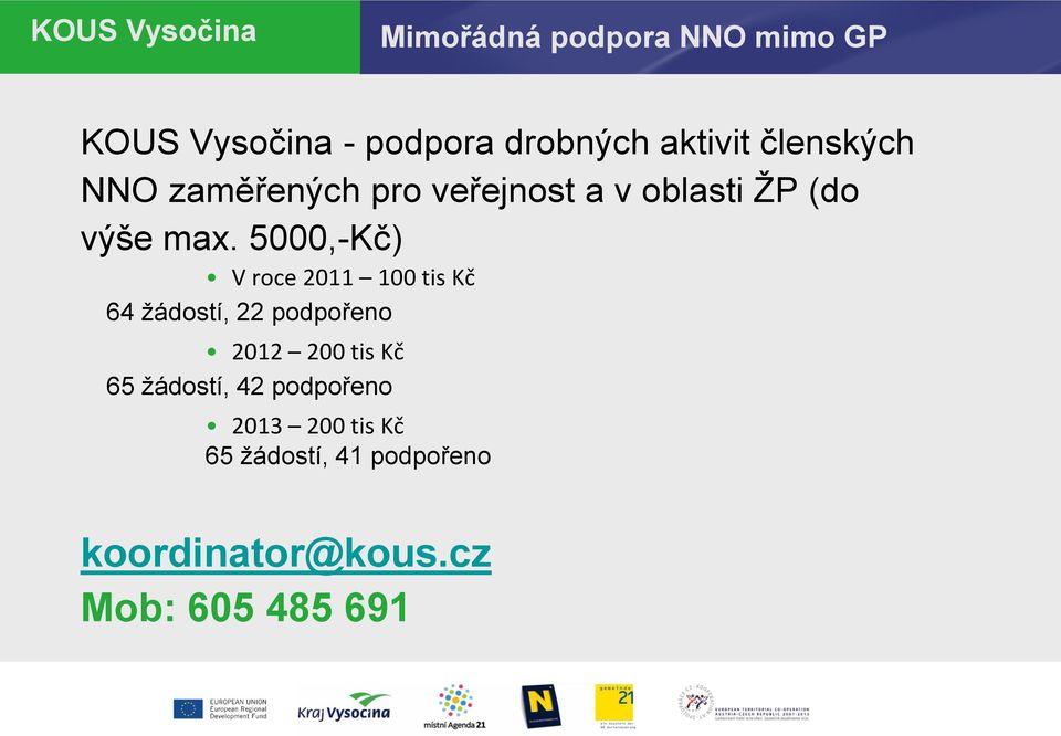 5000,-Kč) V roce 2011 100 tis Kč 64 žádostí, 22 podpořeno 2012 200 tis Kč 65