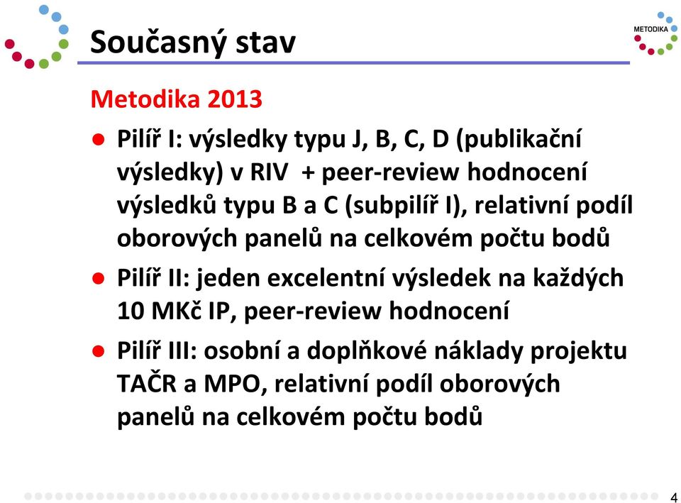 celkovém počtu bodů Pilíř II: jeden excelentní výsledek na každých 10 MKč IP, peer-review hodnocení