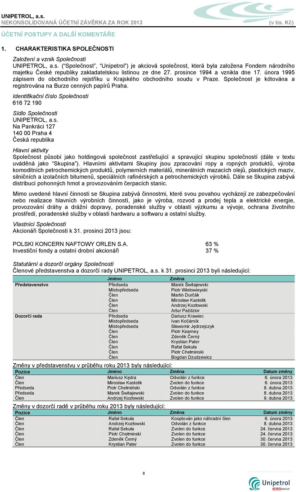 února 1995 zápisem do obchodního rejstříku u Krajského obchodního soudu v Praze. Společnost je kótována a registrována na Burze cenných papírů Praha.