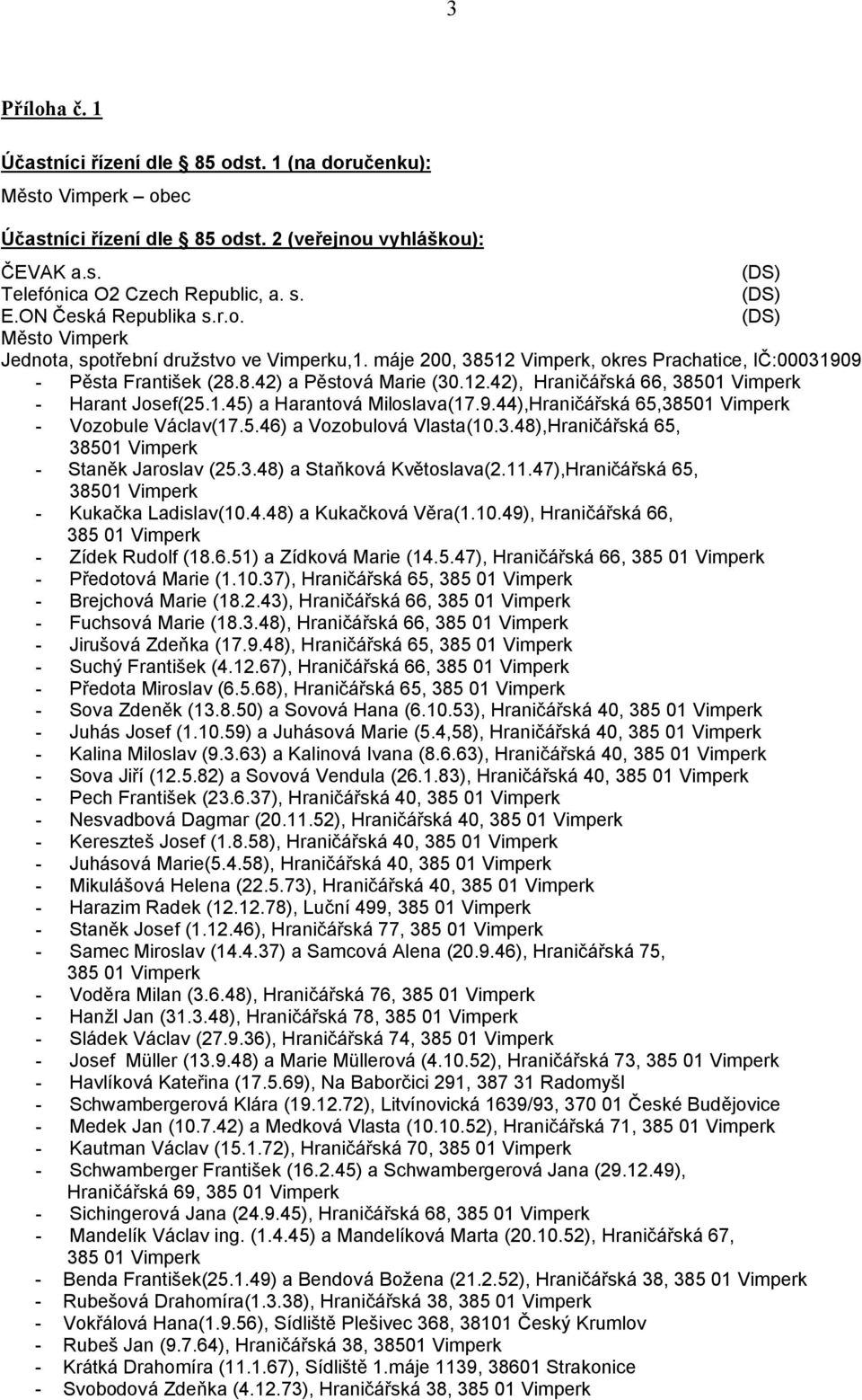 1.45) a Harantová Miloslava(17.9.44),Hraničářská 65,38501 Vimperk - Vozobule Václav(17.5.46) a Vozobulová Vlasta(10.3.48),Hraničářská 65, 38501 Vimperk - Staněk Jaroslav (25.3.48) a Staňková Květoslava(2.