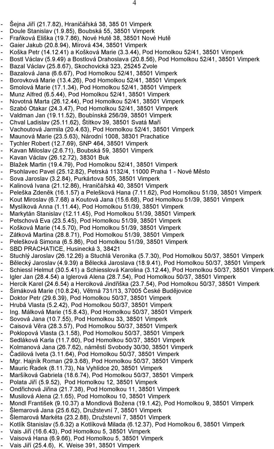 6.67), Pod Homolkou 52/41, 38501 Vimperk - Borovková Marie (13.4.26), Pod Homolkou 52/41, 38501 Vimperk - Smolová Marie (17.1.34), Pod Homolkou 52/41, 38501 Vimperk - Munz Alfred (6.5.44), Pod Homolkou 52/41, 38501 Vimperk - Novotná Marta (26.