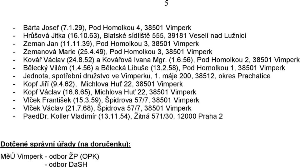 56), Pod Homolkou 2, 38501 Vimperk - Bělecký Vilém (1.4.56) a Bělecká Libuše (13.2.58), Pod Homolkou 1, 38501 Vimperk - Jednota, spotřební družstvo ve Vimperku, 1.