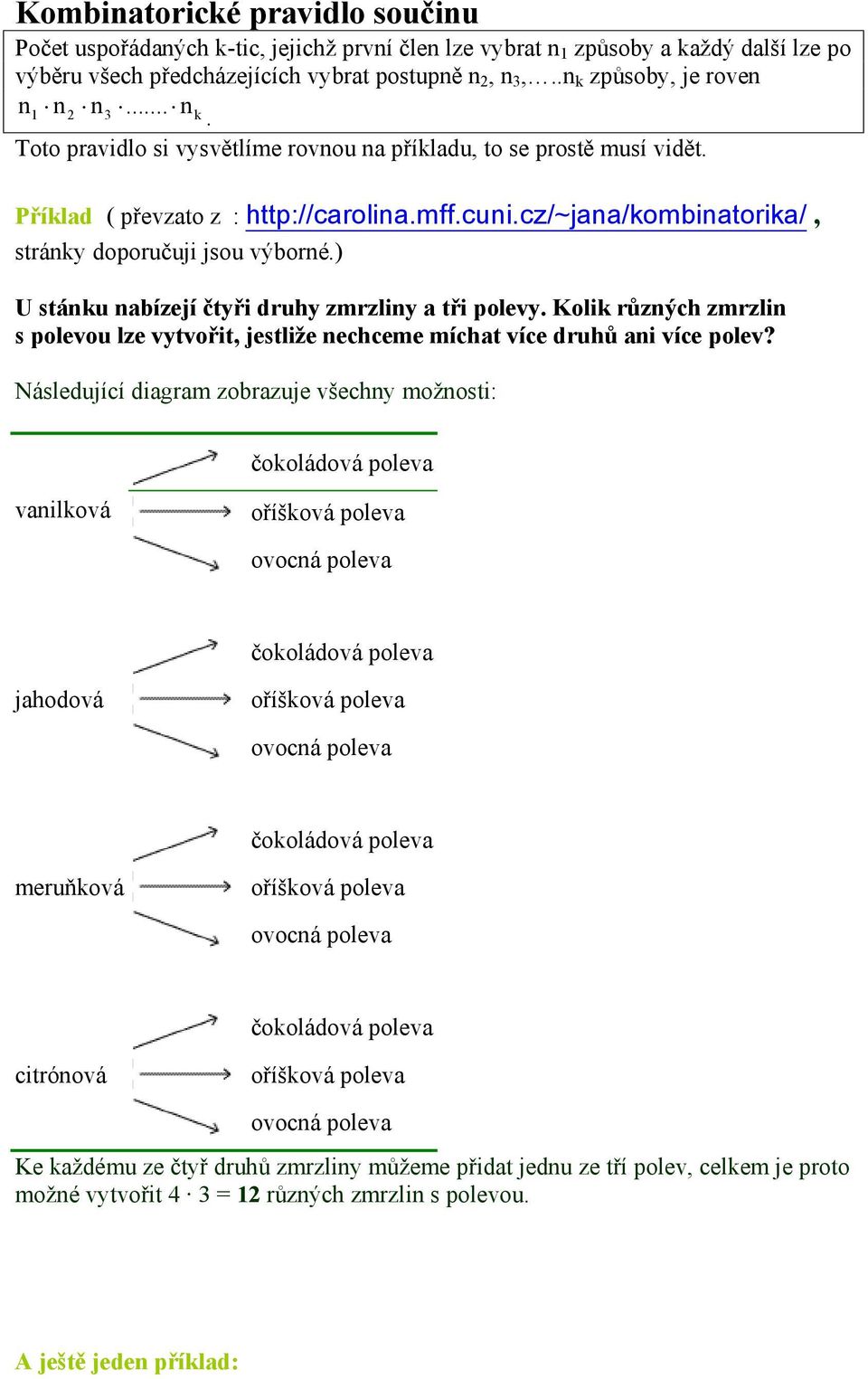 ) U stánku nabízejí čtyři druhy zmrzliny a tři polevy. Kolik různých zmrzlin s polevou lze vytvořit, jestliže nechceme míchat více druhů ani více polev?