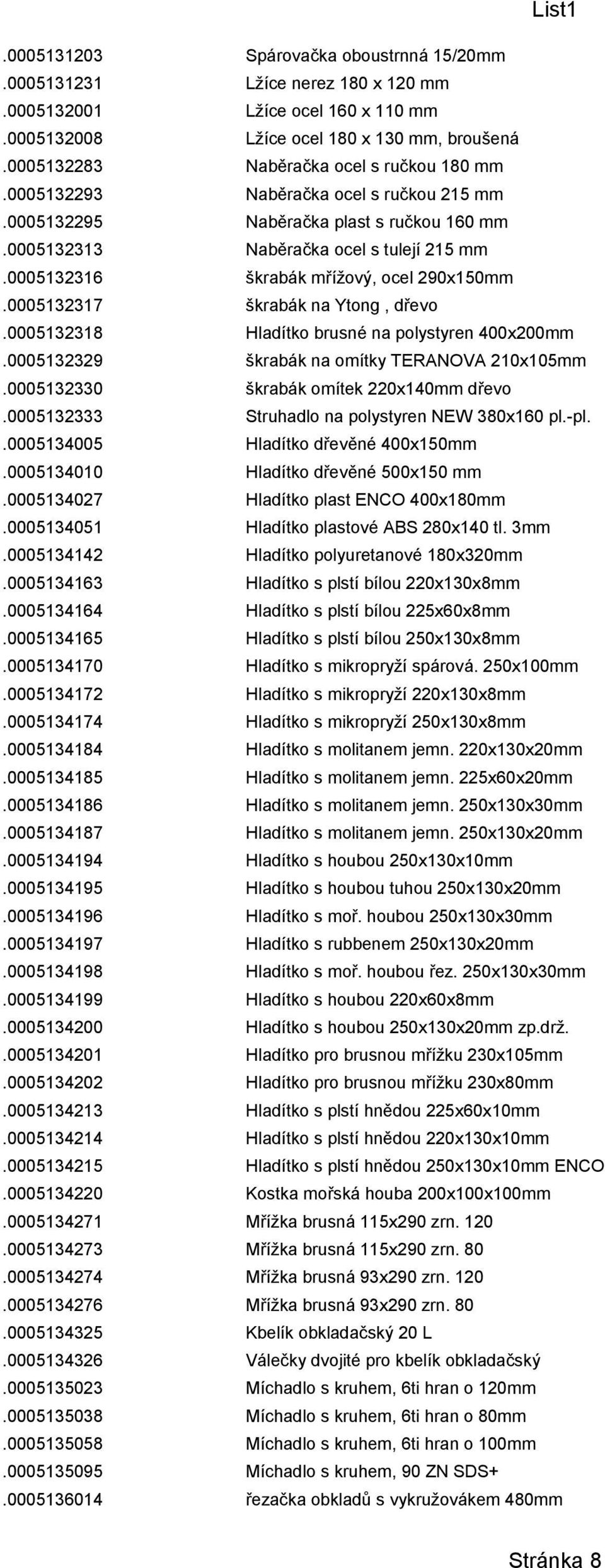 0005132317 škrabák na Ytong, dřevo.0005132318 Hladítko brusné na polystyren 400x200mm.0005132329 škrabák na omítky TERANOVA 210x105mm.0005132330 škrabák omítek 220x140mm dřevo.