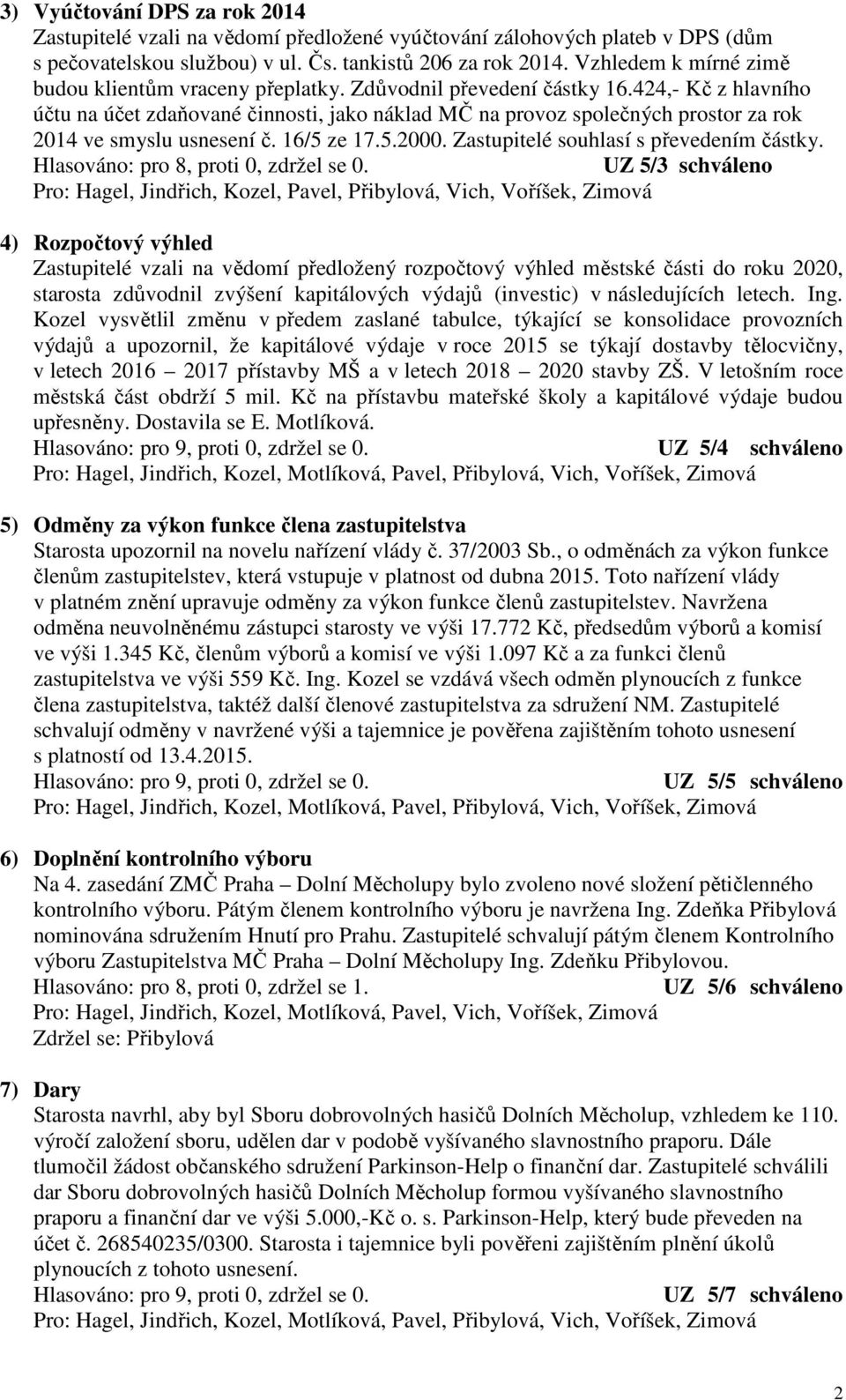 424,- Kč z hlavního účtu na účet zdaňované činnosti, jako náklad MČ na provoz společných prostor za rok 2014 ve smyslu usnesení č. 16/5 ze 17.5.2000. Zastupitelé souhlasí s převedením částky.