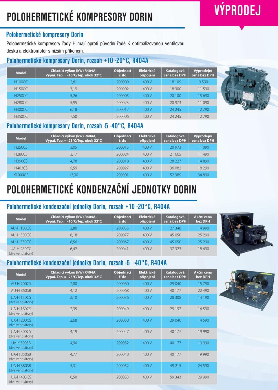 200005 400 V 20 100 15 690 H280CC 5,95 200023 400 V 20 973 11 090 H300CC 6,18 200017 400 V 24 245 12 790 H350CC 7,50 200006 400 V 24 245 12 790 Polohermetické kompresory Dorin, rozsah -5-40 C, R404A