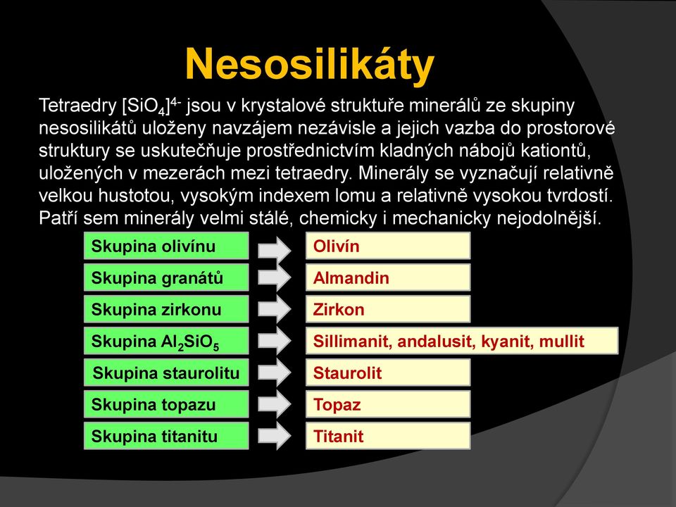 Minerály se vyznačují relativně velkou hustotou, vysokým indexem lomu a relativně vysokou tvrdostí.