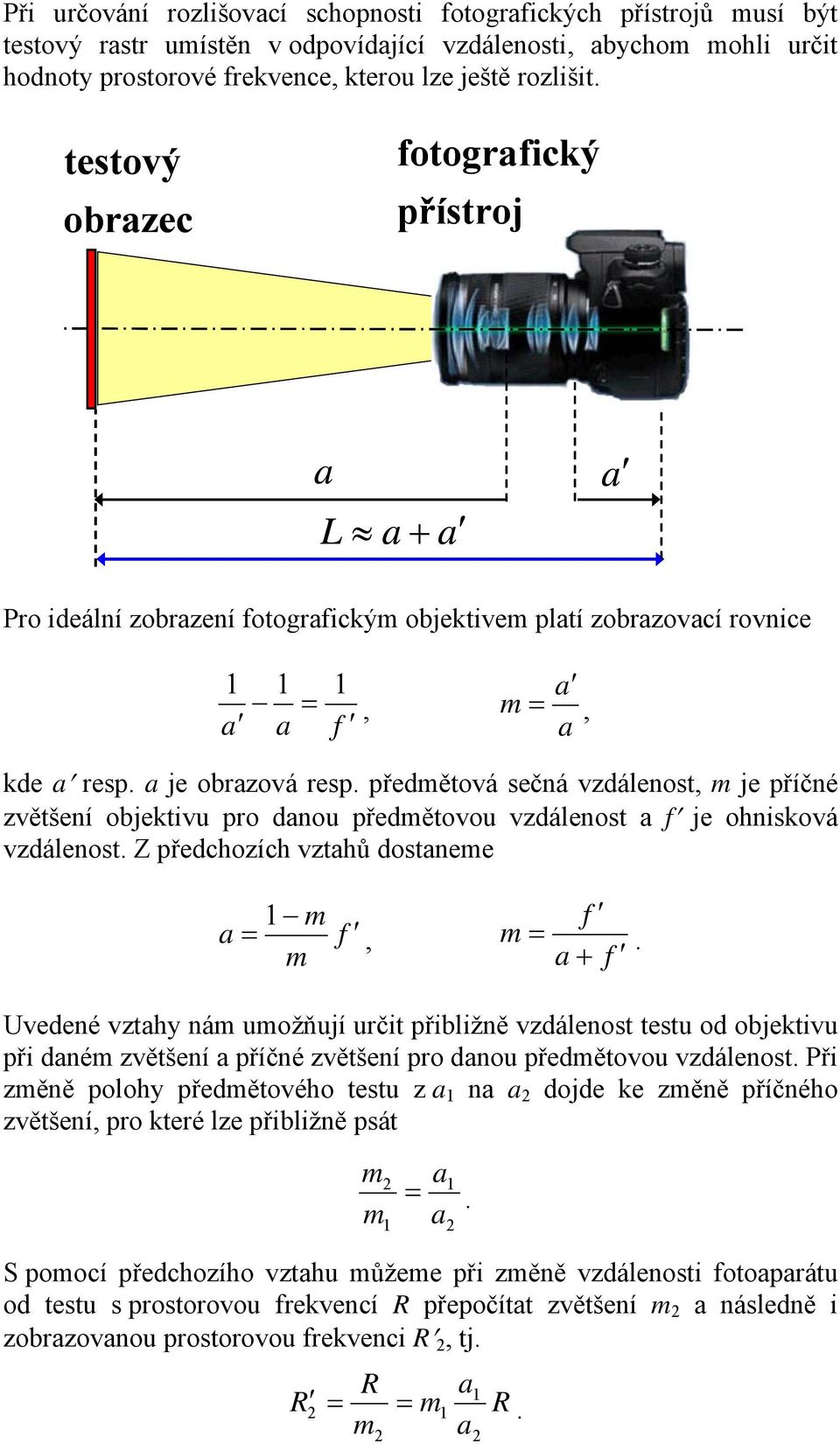 předmětová sečná vzdálenost, m je příčné zvětšení objektivu pro dnou předmětovou vzdálenost f je ohnisková vzdálenost. Z předchozích vzthů dostneme m f, m f m.