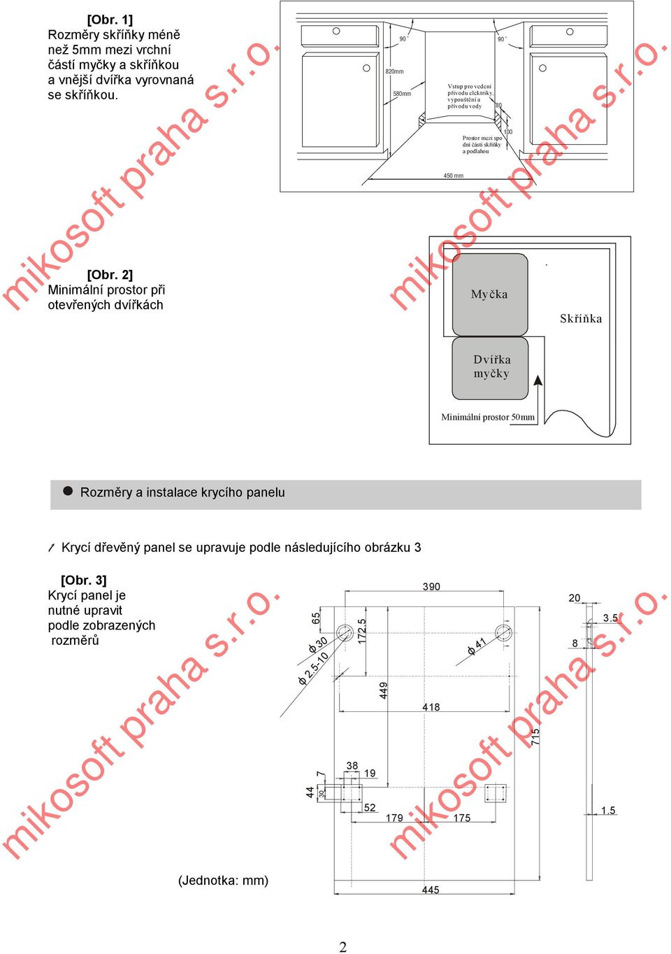 podlahou Myčka Skříňka Dvířka myčky Minimální prostor 50mm Rozměry a instalace krycího panelu Krycí dřevěný panel se upravuje podle