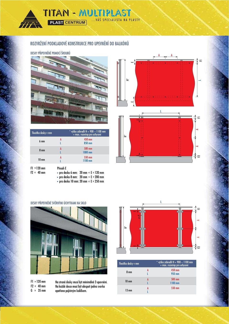 ŠROUBŮ 6 mm 450 mm 850 mm 500 mm 1000 mm 550 mm 1100 mm Přesah pro desku 6 mm: 20 mm pro desku : 20 mm pro desku : 20