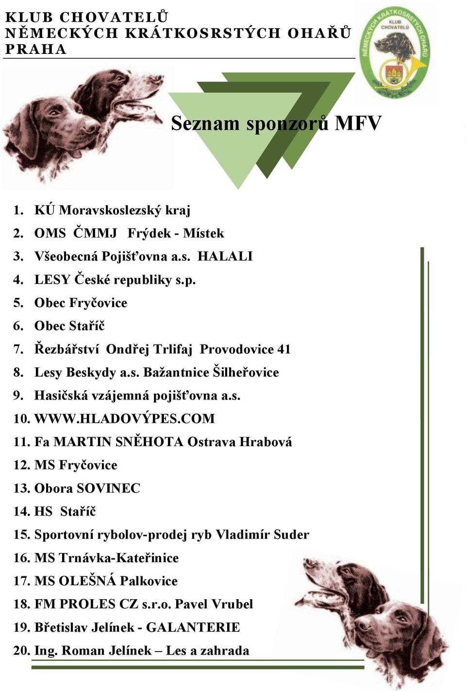 Hasi ská vzájemná pojiš ovna a.s. 10. WWW.HLADOVÝPES.COM 11. Fa MARTIN SN HOTA Ostrava Hrabová 12. MS Fry ovice 13. Obora SOVINEC 14. HS Sta í 15.