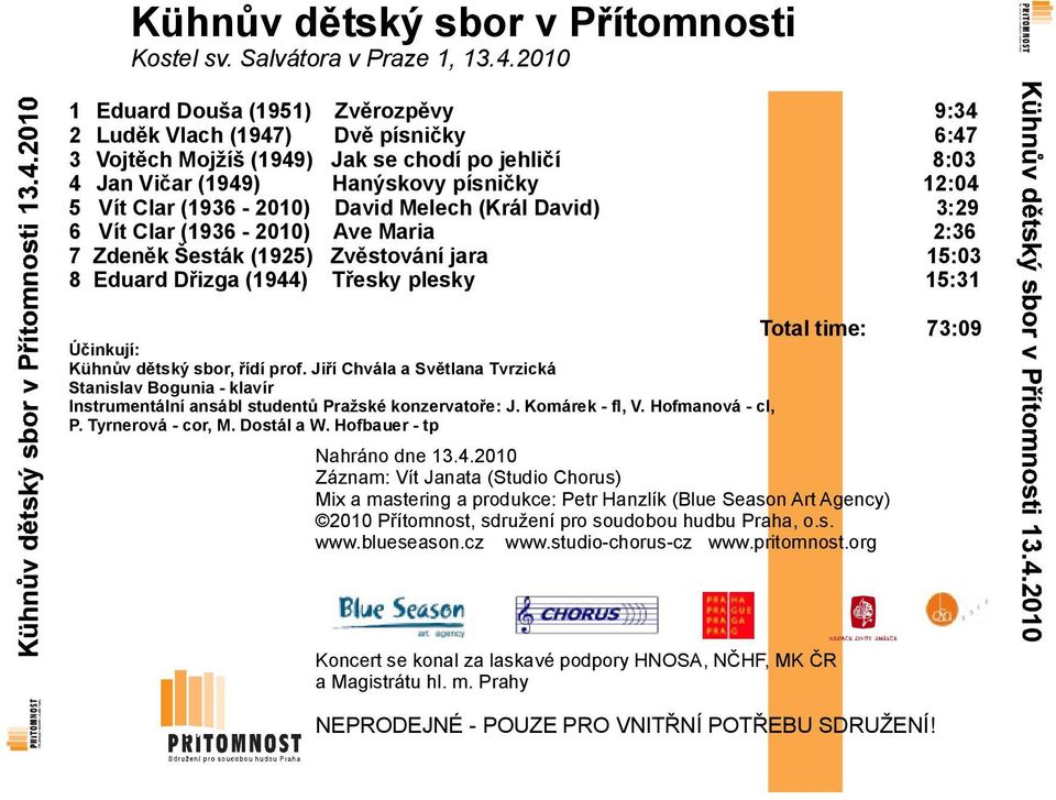 (1936-2010) David Melech (Král David) 3:29 6 Vít Clar (1936-2010) Ave Maria 2:36 7 Zdeněk Šesták (1925) Zvěstování jara 15:03 8 Eduard Dřizga (1944) Třesky plesky 15:31 Kühnův dětský sbor, řídí prof.