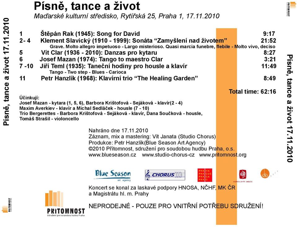 Quasi marcia funebre, flebile - Molto vivo, deciso 5 Vít Clar (1936-2010): Danzas pro kytaru 8:27 6 Josef Mazan (1974): Tango to maestro Clar 3:21 7-10 Jiří Teml (1935): Taneční hodiny pro housle a