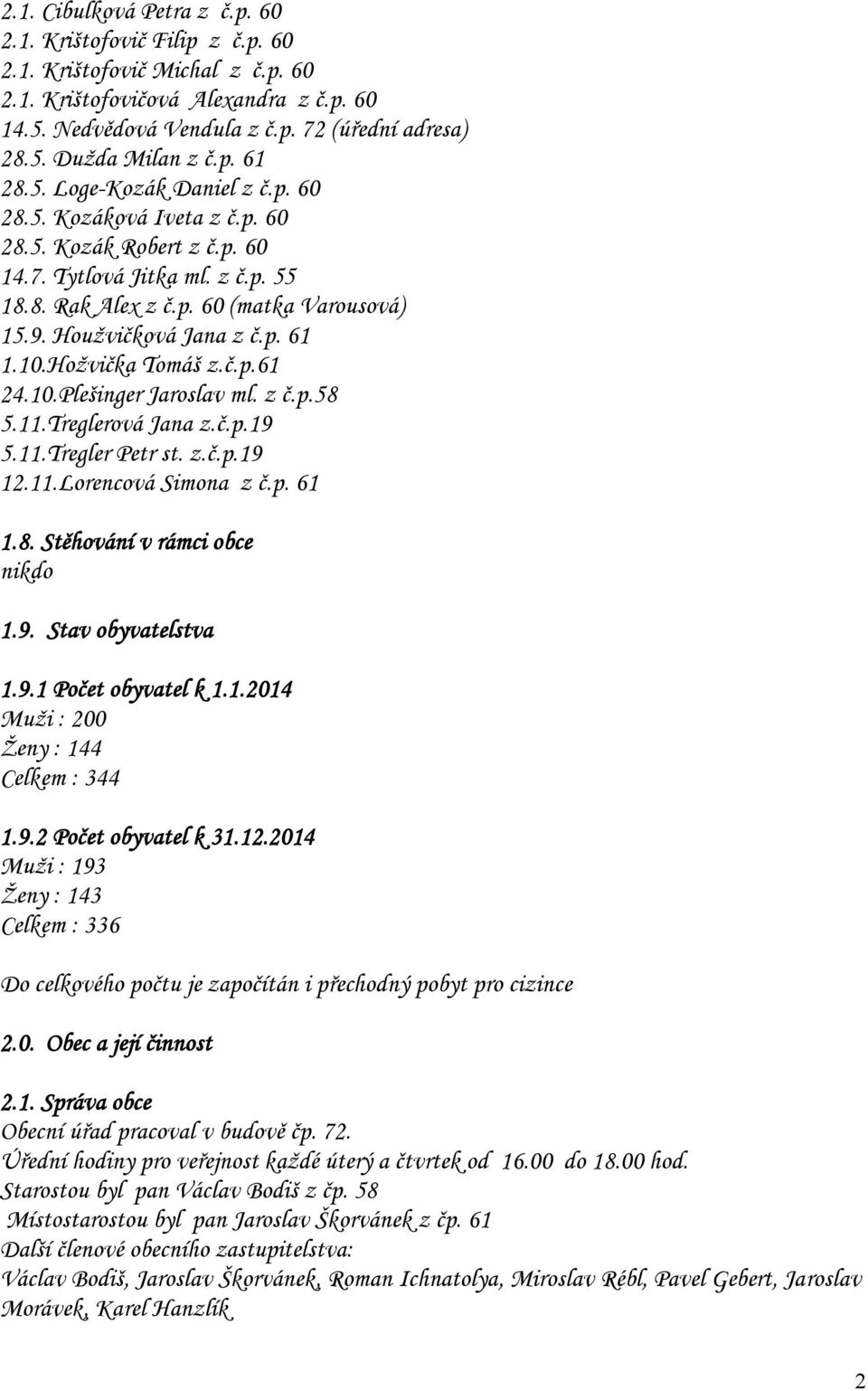 Houžvičková Jana z č.p. 61 1.10.Hožvička Tomáš z.č.p.61 24.10.Plešinger Jaroslav ml. z č.p.58 5.11.Treglerová Jana z.č.p.19 5.11.Tregler Petr st. z.č.p.19 12.11.Lorencová Simona z č.p. 61 1.8. Stěhování v rámci obce nikdo 1.