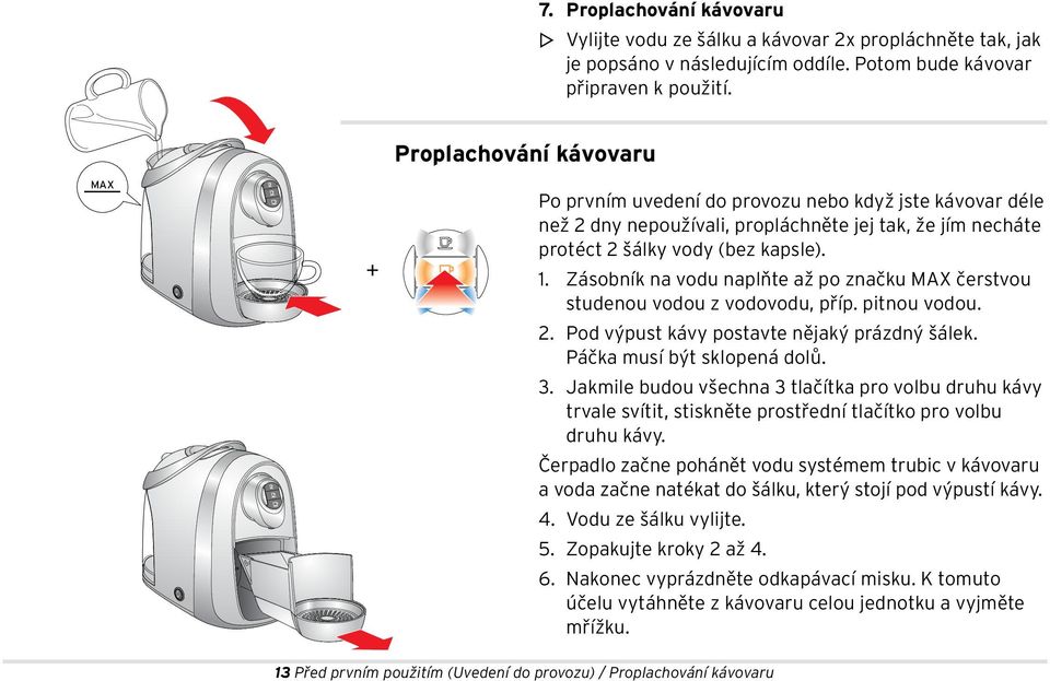 Zásobník na vodu naplňte až po značku MAX čerstvou studenou vodou z vodovodu, příp. pitnou vodou. 2. Pod výpust kávy postavte nějaký prázdný šálek. Páčka musí být sklopená dolů. 3.