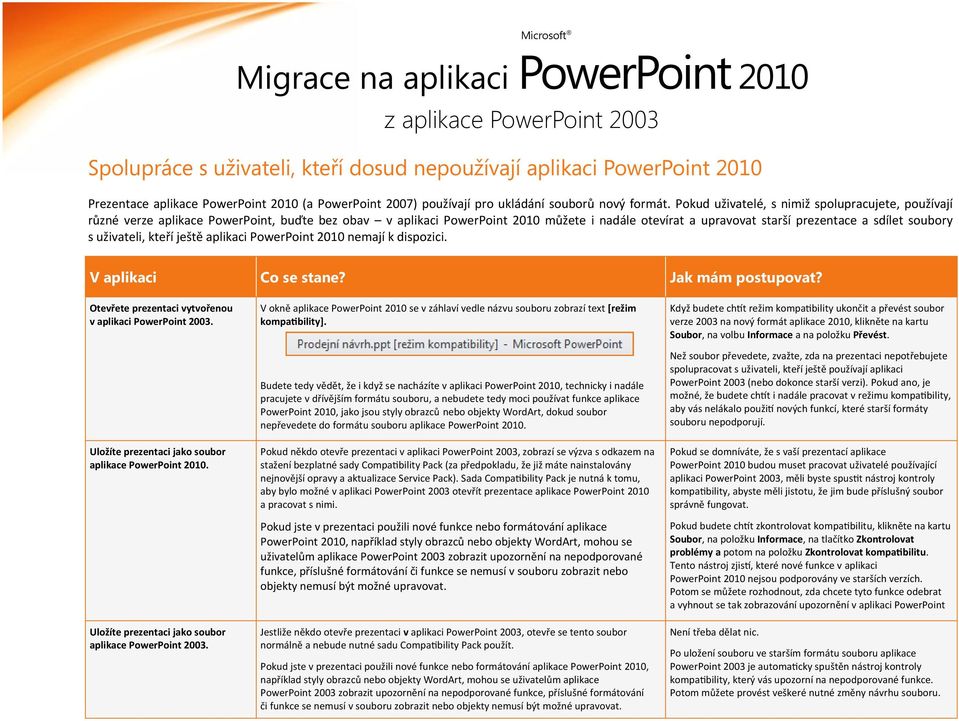 uživateli, kteří ještě aplikaci PowerPoint 2010 nemají k dispozici. V aplikaci Co se stane? Jak mám postupovat? Otevřete prezentaci vytvořenou v aplikaci PowerPoint 2003.