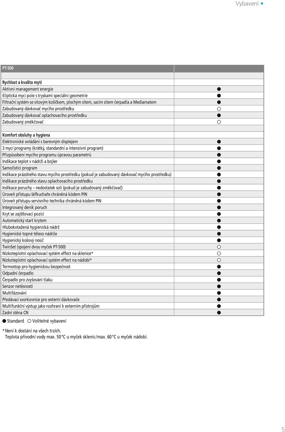 (krátký, standardní a intenzivní program) Přizpůsobení mycího programu úpravou parametrů Indikace teplot v nádrži a bojler Samočisticí program Indikace prázdného stavu mycího prostředku (pokud je