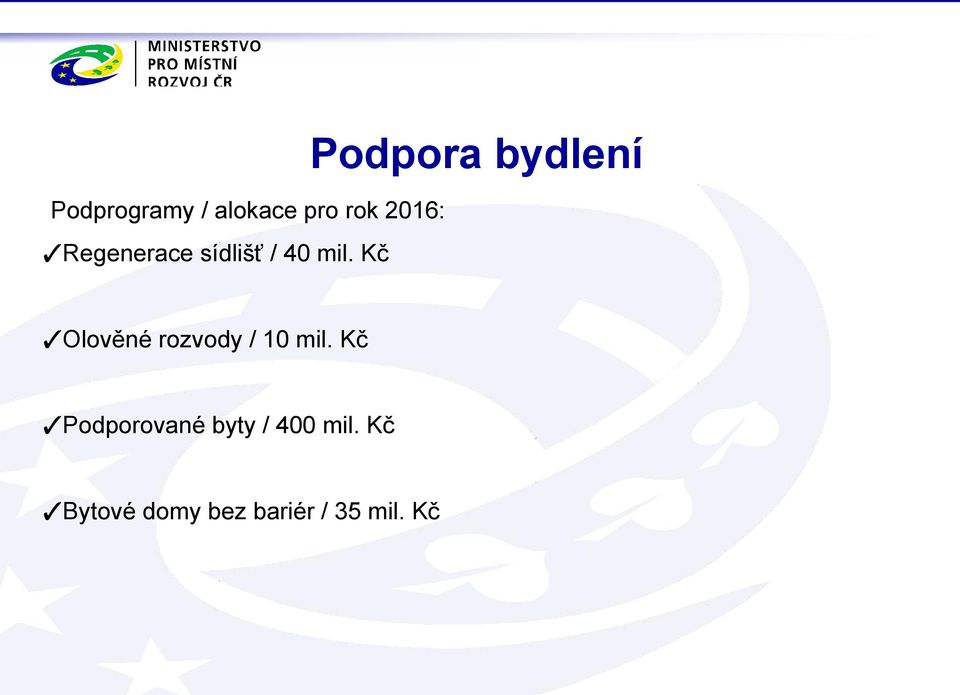 Kč Podpora bydlení Olověné rozvody / 10 mil.