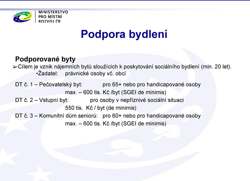 600 tis. Kč /byt (SGEI de minimis) DT č. 2 Vstupní byt: pro osoby v nepříznivé sociální situaci 550 tis.