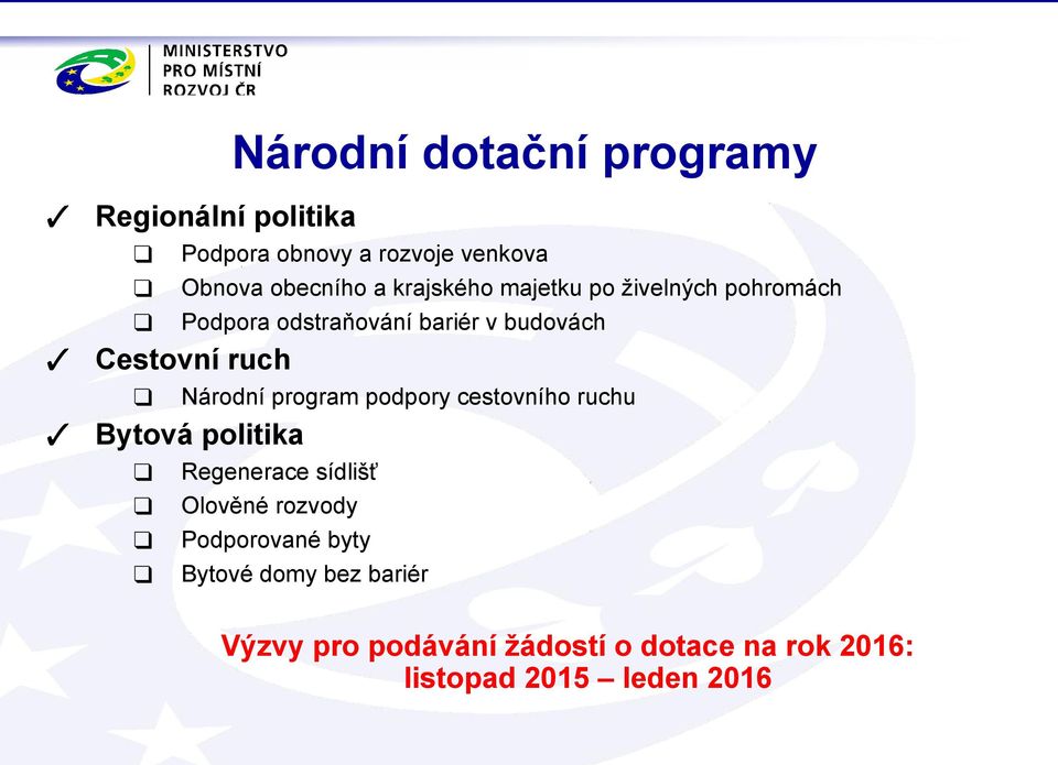 cestovního ruchu Bytová politika Národní dotační programy Regenerace sídlišť Olověné rozvody