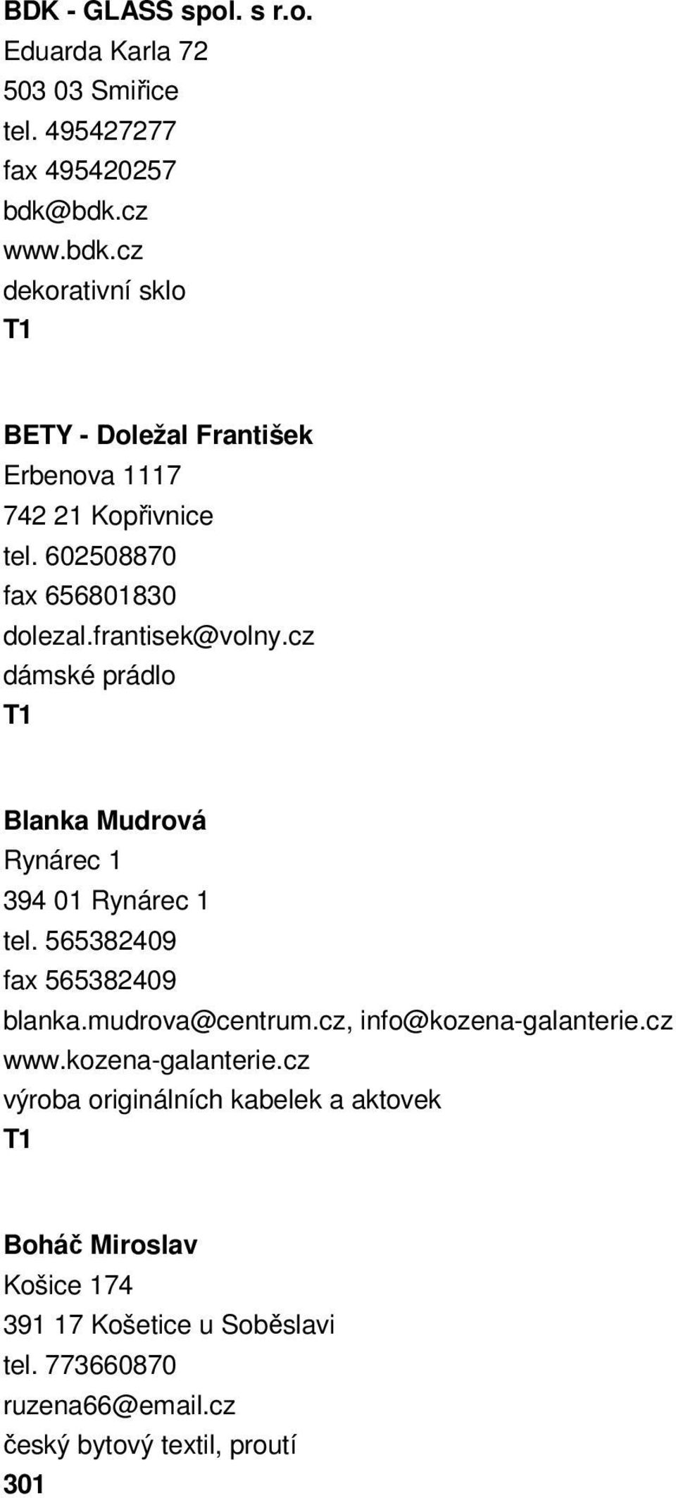 frantisek@volny.cz dámské prádlo Blanka Mudrová Rynárec 1 394 01 Rynárec 1 tel. 565382409 fax 565382409 blanka.mudrova@centrum.