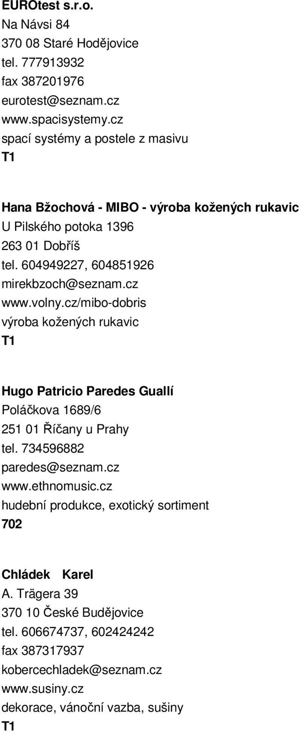 cz www.volny.cz/mibo-dobris výroba kožených rukavic Hugo Patricio Paredes Guallí Poláčkova 1689/6 251 01 Říčany u Prahy tel. 734596882 paredes@seznam.cz www.ethnomusic.