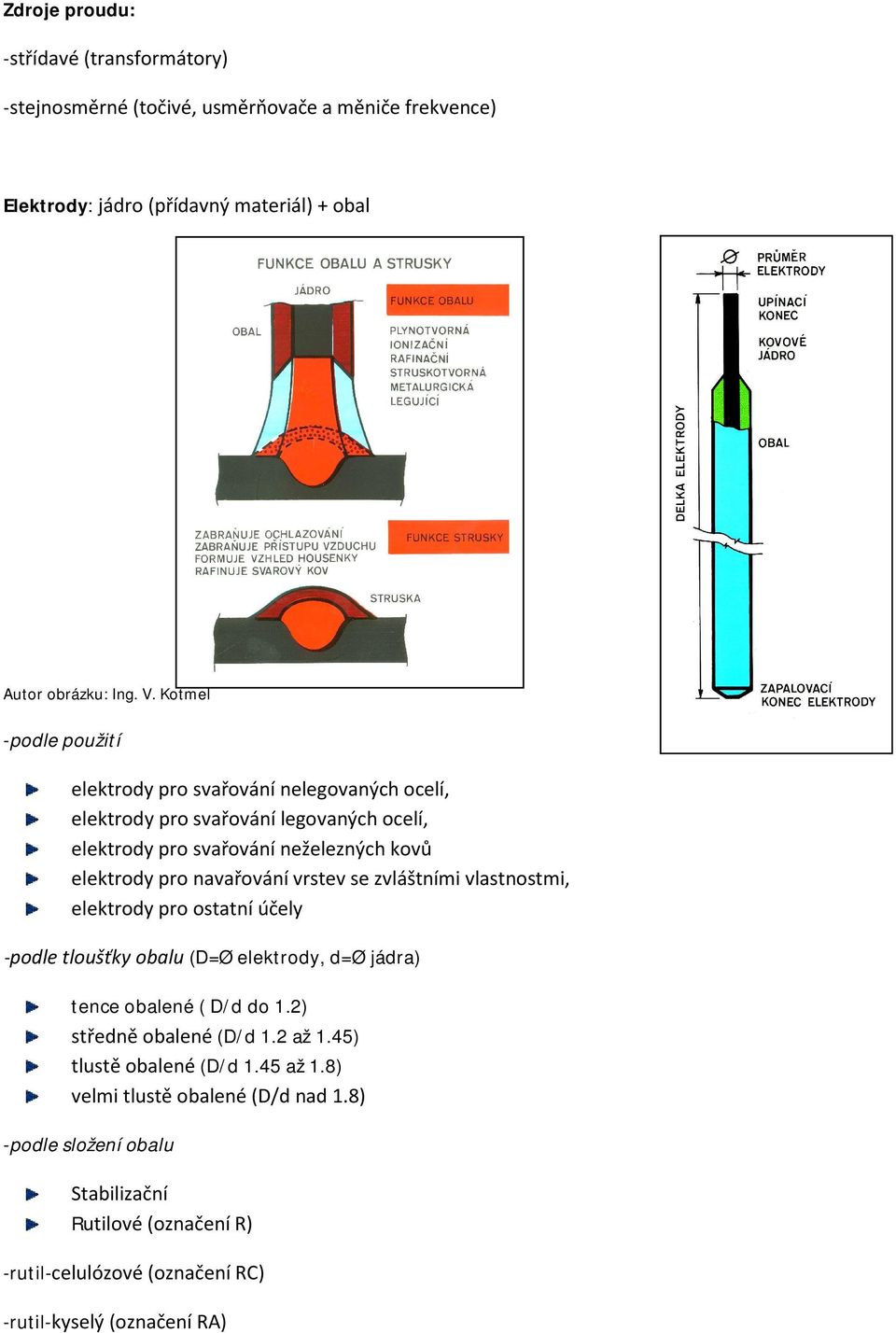 vlastnostmi, elektrody pro ostatní účely -podle tloušťky obalu (D=Ø elektrody, d=ø jádra) tence obalené ( D/d do 1.2) středně obalené (D/d 1.2 až 1.