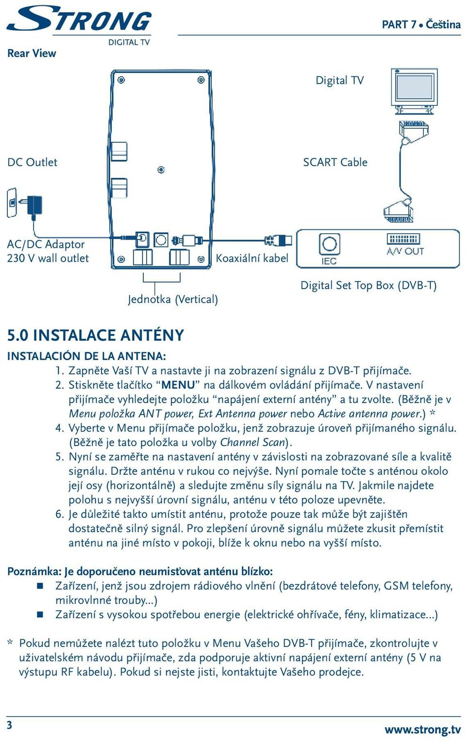 V nastavení přijímače vyhledejte položku napájení externí antény a tu zvolte. (Běžně je v Menu položka ANT power, Ext Antenna power nebo Active antenna power.) * 4.