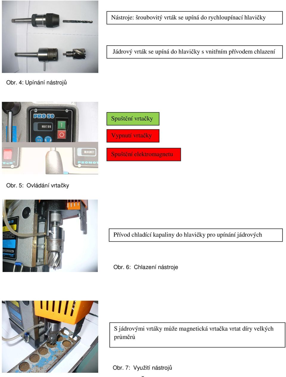 4: Upínání nástrojů Spuštění vrtačky Vypnutí vrtačky Spuštění elektromagnetu Obr.