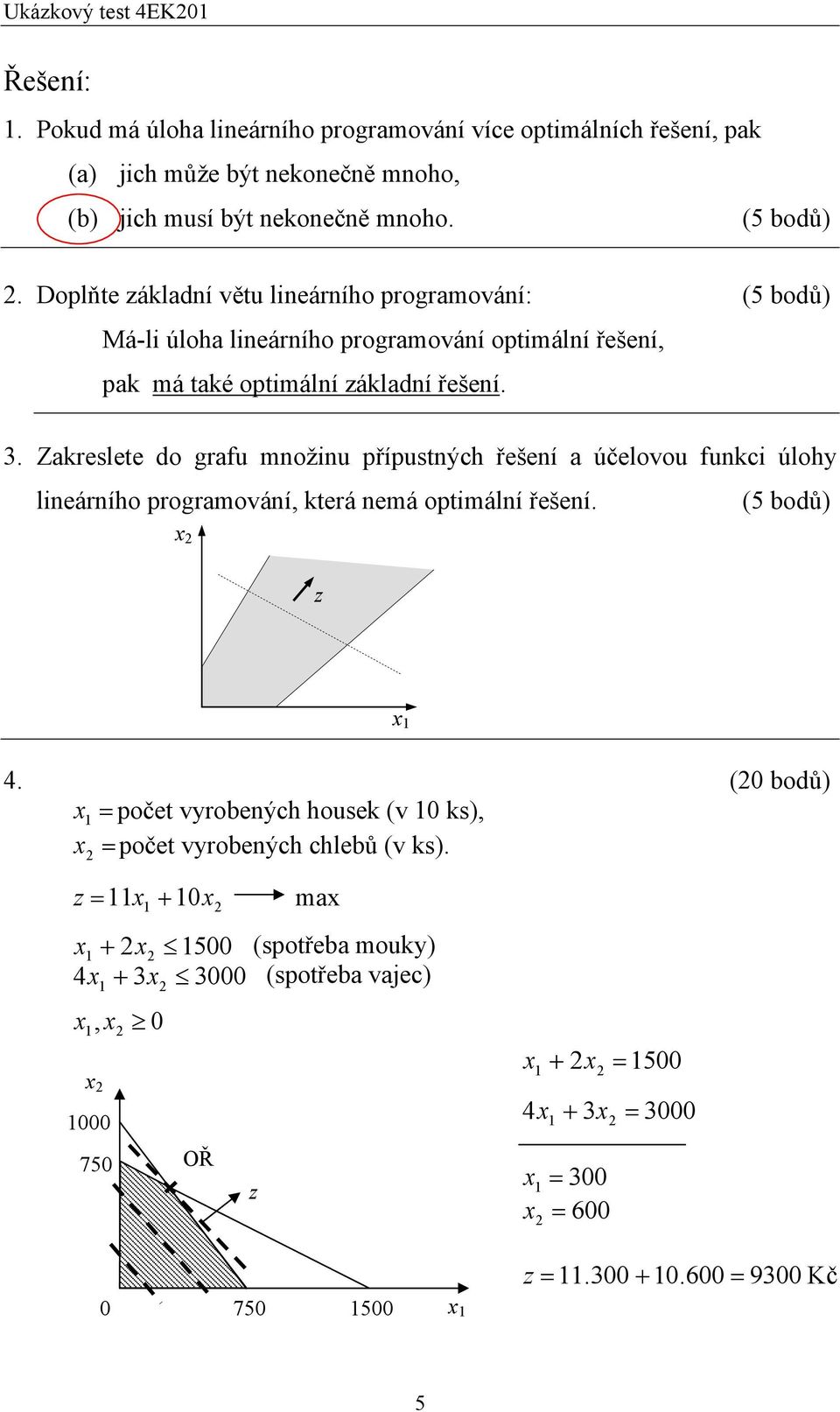 Zakreslete do grafu množinu přípustných řešení a účelovou funkci úlohy lineárního programování, která nemá optimální řešení. z 4.