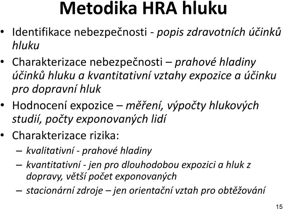 hlukových studií, počty exponovaných lidí Charakterizace rizika: kvalitativní - prahové hladiny kvantitativní - jen