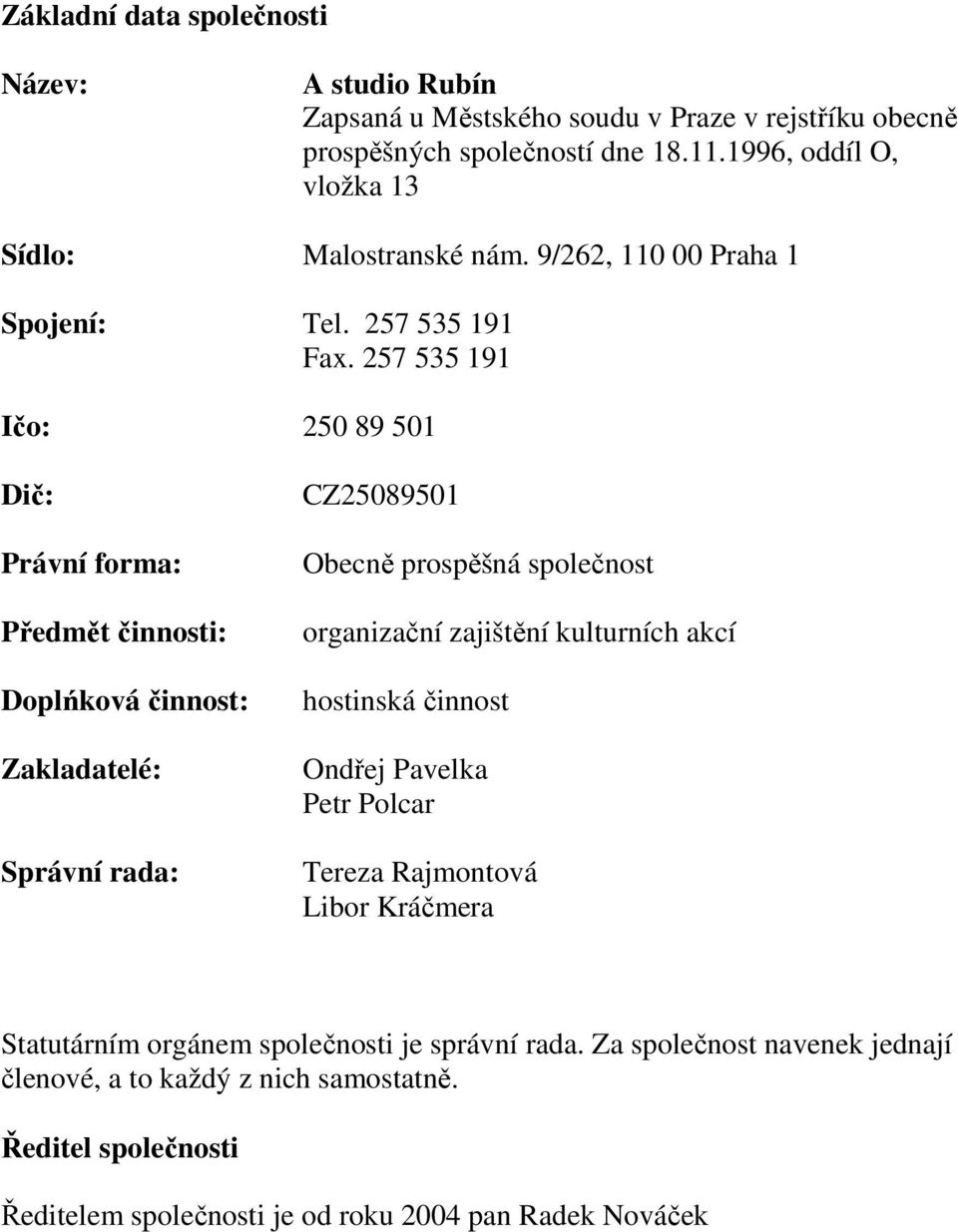 257 535 191 Ičo: 250 89 501 Dič: Právní forma: Předmět činnosti: Doplńková činnost: Zakladatelé: Správní rada: CZ25089501 Obecně prospěšná společnost organizační zajištění