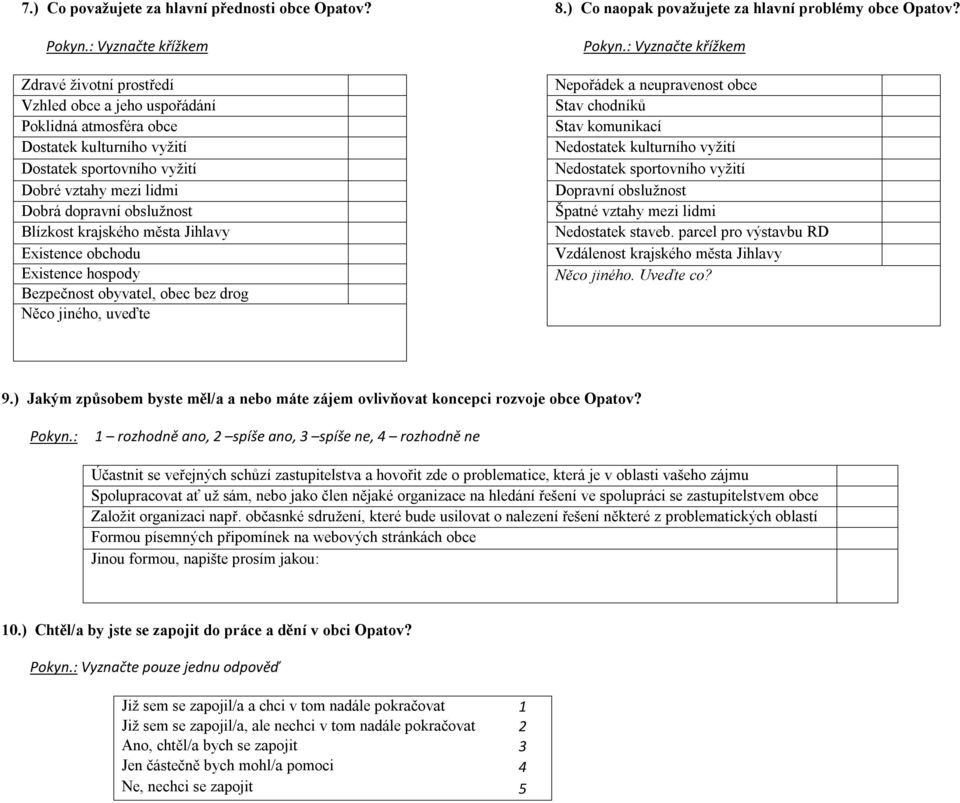 obslužnost Blízkost krajského města Jihlavy Existence obchodu Existence hospody Bezpečnost obyvatel, obec bez drog Něco jiného, uveďte 8.) Co naopak považujete za hlavní problémy obce Opatov? Pokyn.