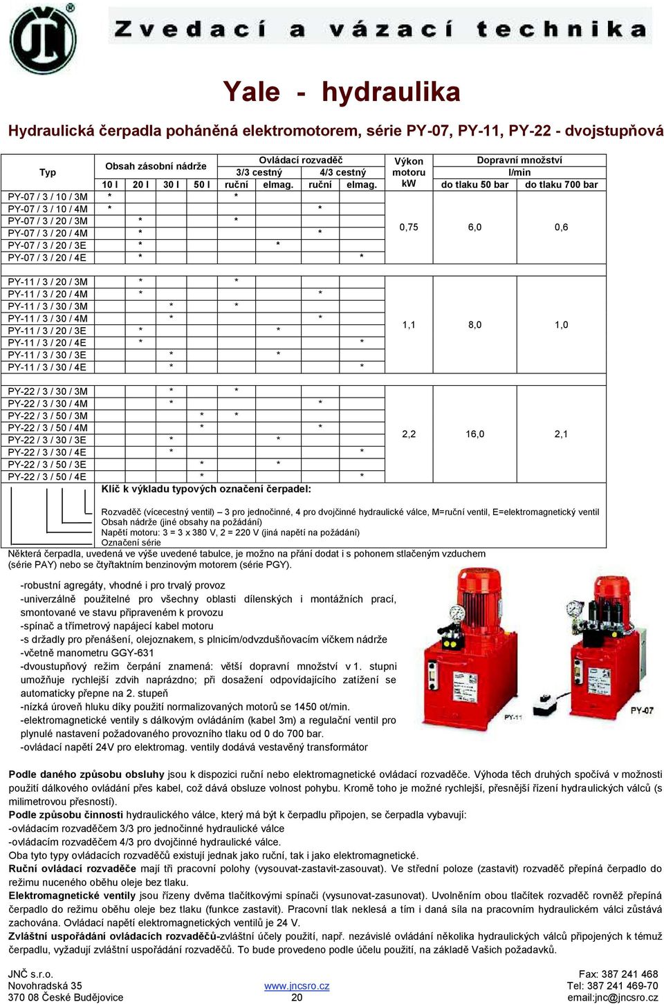 kw do tlaku 50 bar do tlaku 700 bar PY-07 / 3 / 10 / 3M * * PY-07 / 3 / 10 / 4M * * PY-07 / 3 / 20 / 3M * * 0,75 6,0 0,6 PY-07 / 3 / 20 / 4M * * PY-07 / 3 / 20 / 3E * * PY-07 / 3 / 20 / 4E * * PY-11