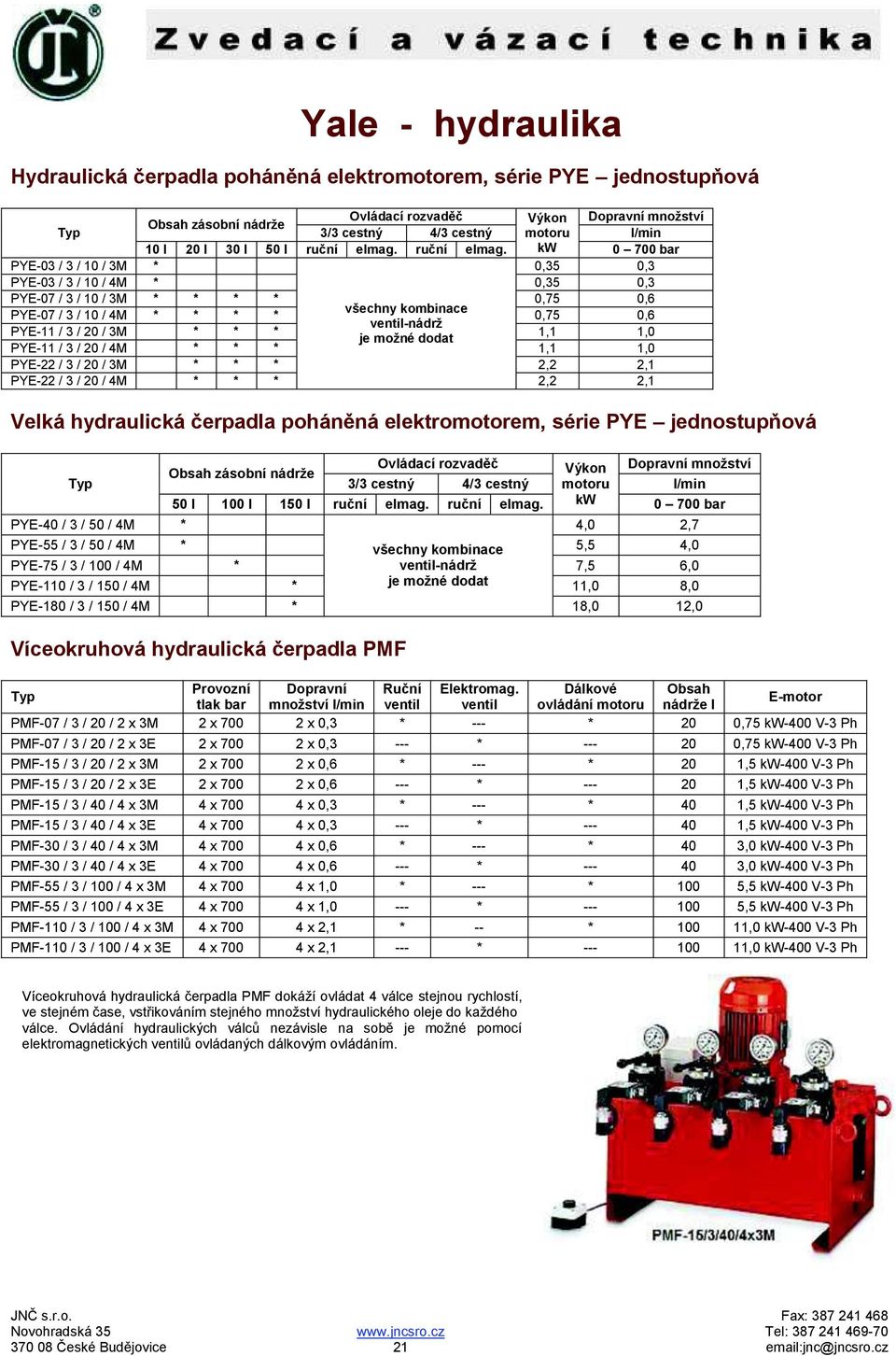 kw 0 700 bar PYE-03 / 3 / 10 / 3M * 0,35 0,3 PYE-03 / 3 / 10 / 4M * 0,35 0,3 PYE-07 / 3 / 10 / 3M * * * * 0,75 0,6 všechny kombinace PYE-07 / 3 / 10 / 4M * * * * 0,75 0,6 ventil-nádrž PYE-11 / 3 / 20