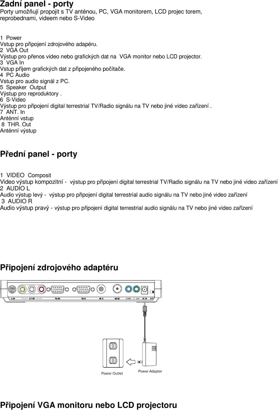 5 Speaker Output Výstup pro reproduktory. 6 S-Video Výstup pro připojení digital terrestrial TV/Radio signálu na TV nebo jiné video zařízení. 7 ANT. In Anténní vstup 8 THR.